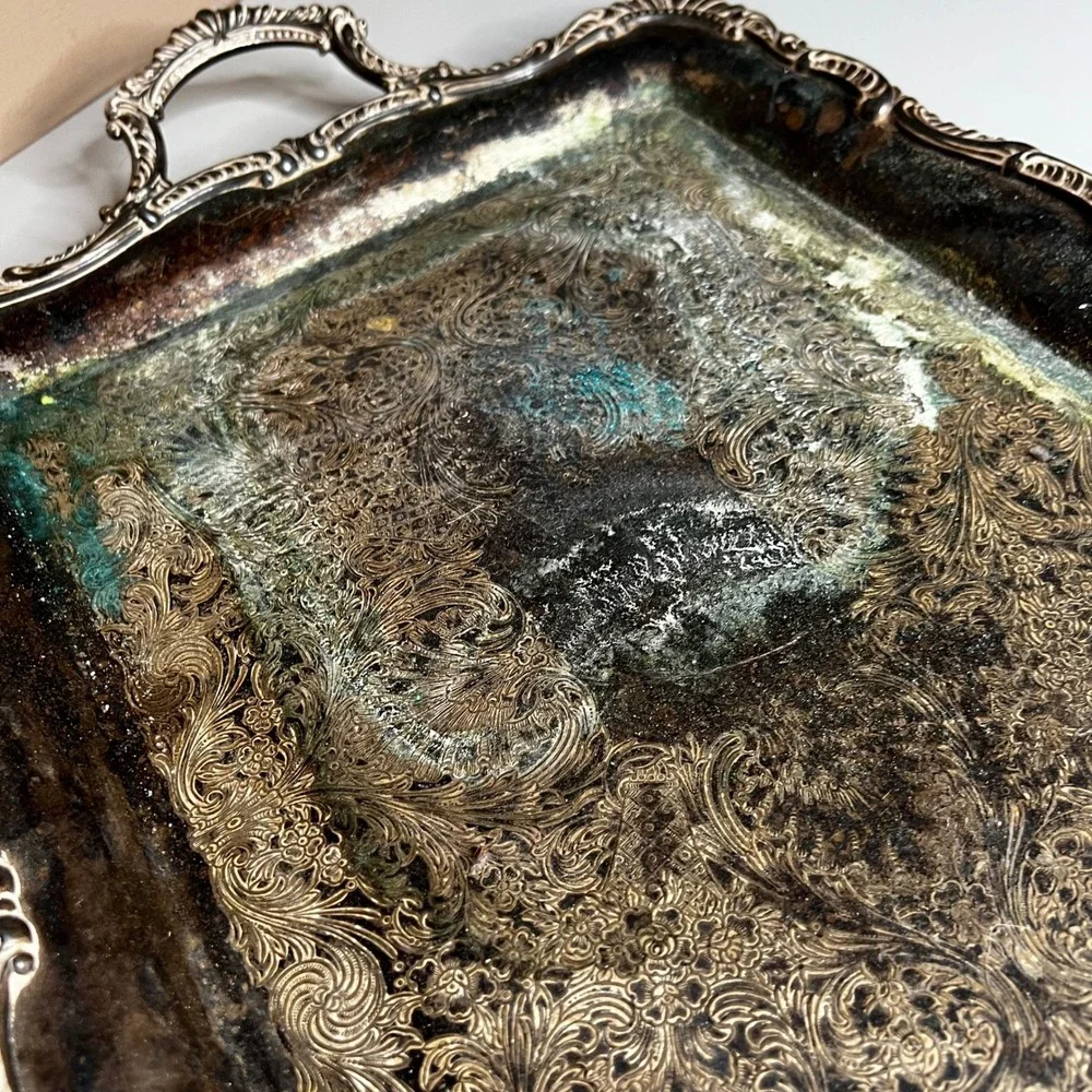 Vintage Silver Plated Rectangular Serving Tray Ornate Handles Etched Floral 19in